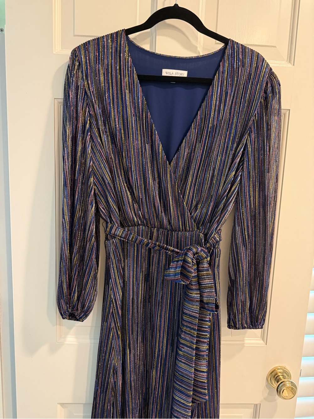 Vila Long Sleeve Metallic Stripe Wrap Dress in Navy